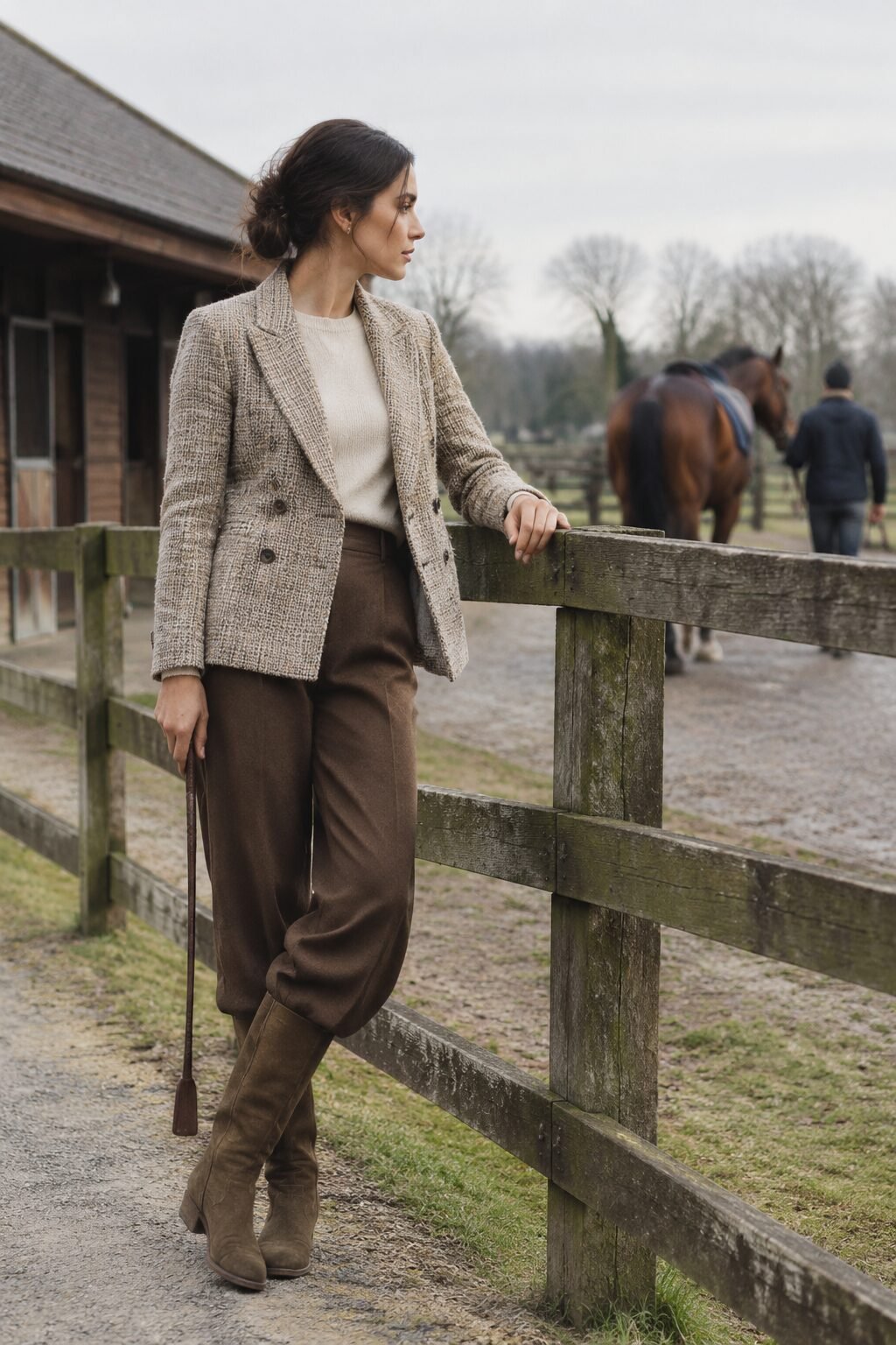 equestrian-adjacent winter country club outfit: ecru tweed double-breasted blazer, brown wide-leg trousers, and suede riding boots