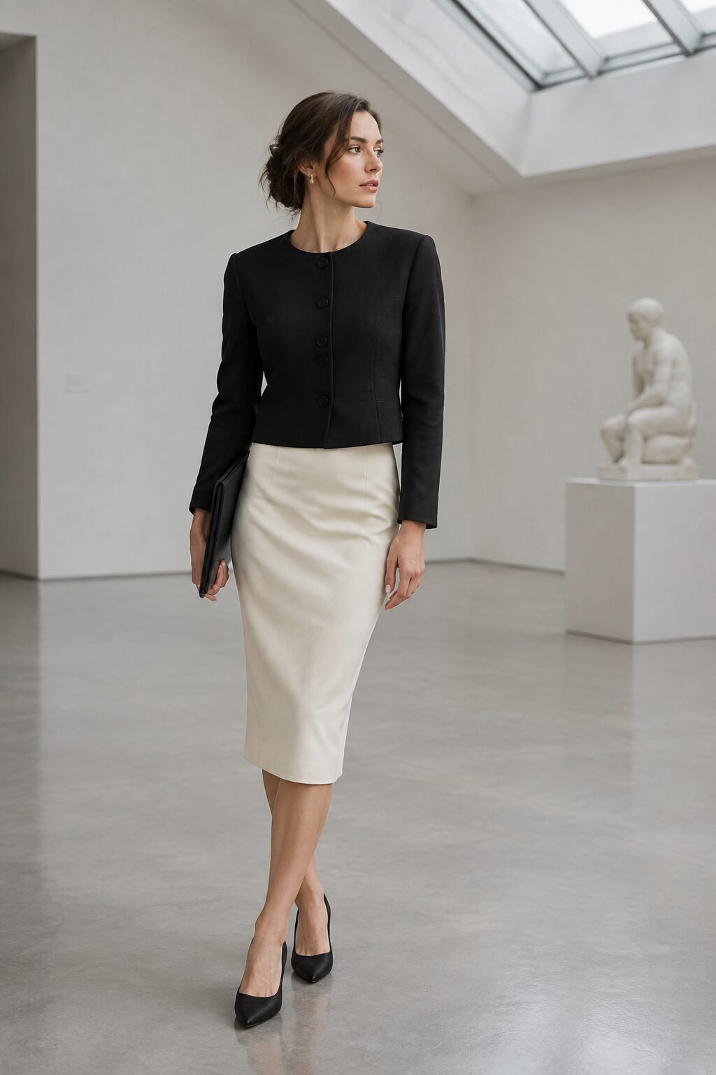 work holiday party outfit: ivory pencil skirt with black cropped wool jacket