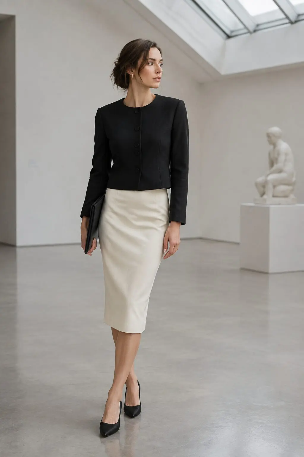 work holiday party outfit: ivory pencil skirt with black cropped wool jacket