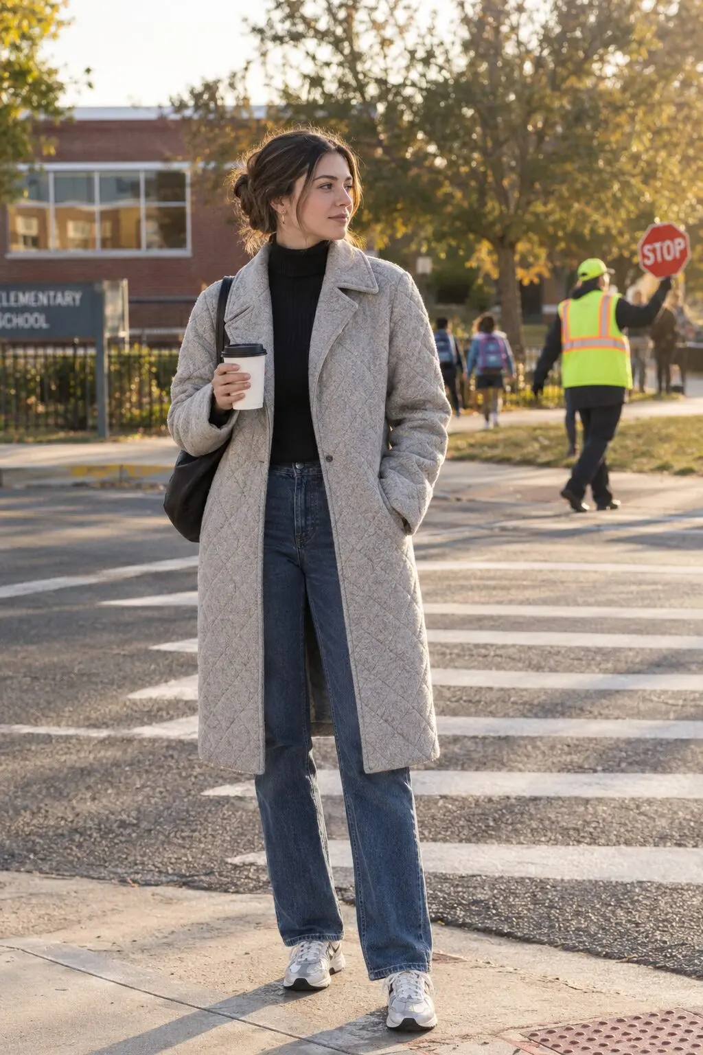 old money winter jacket outfit: quilted light grey melton overcoat over a black turtleneck and straight-leg jeans