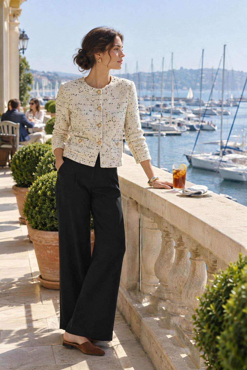 old money luncheon outfit with an ivory and black flecked cashmere cardigan, black wide-leg trousers, and a two-tone bangle bracelet