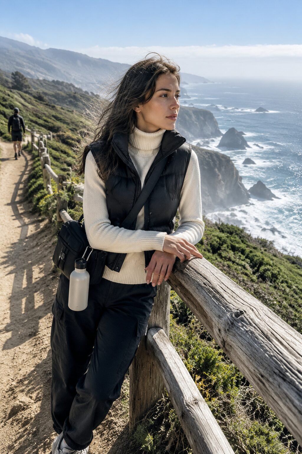 cream turtleneck outfit for women with black quilted vest for an outdoor fall weekend