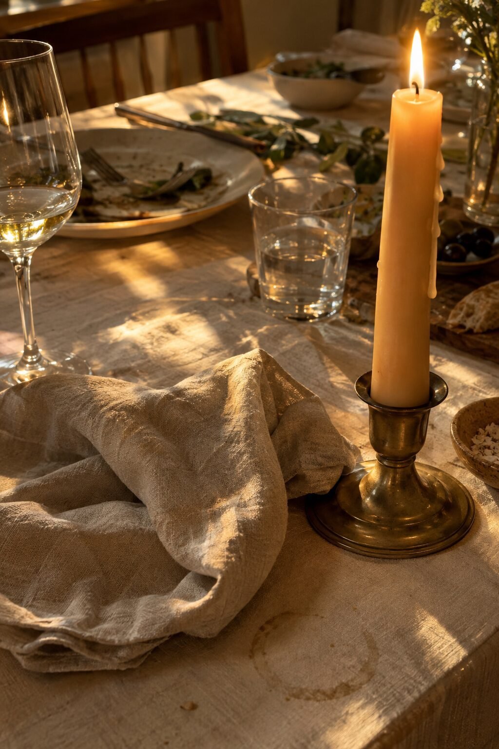 candid holiday table decor with a slightly dripped candle and relaxed napkin fold