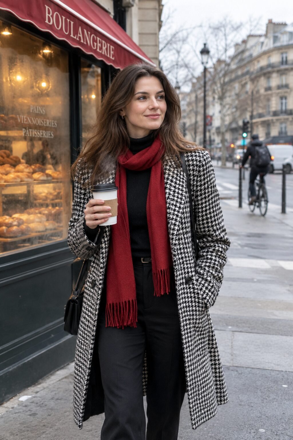 old money valentines day outfit for women: houndstooth coat over a black turtleneck and trousers