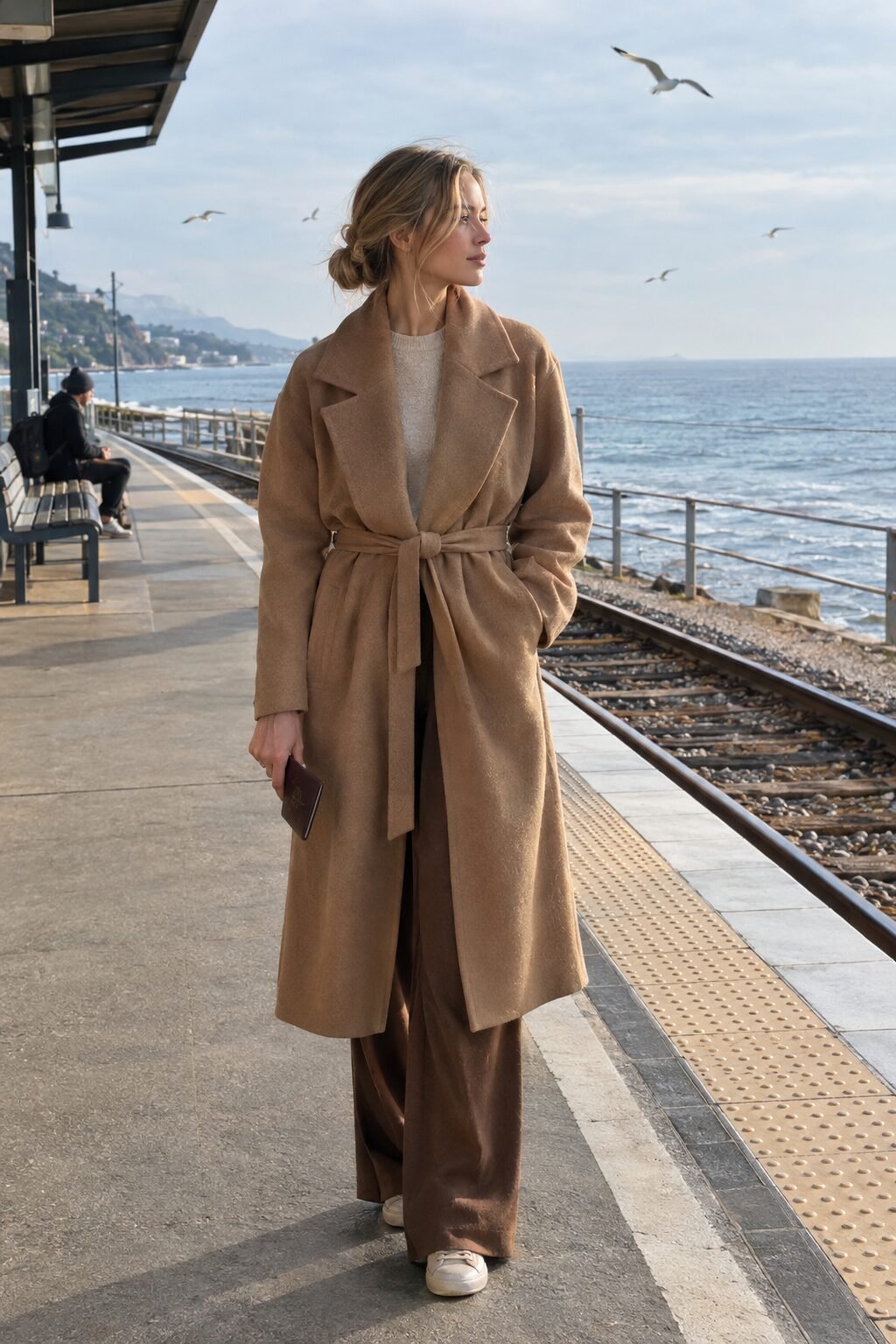 2027 fashion trend outfit: tonal camel wool coat, cashmere crewneck, and wide-leg brown trouser