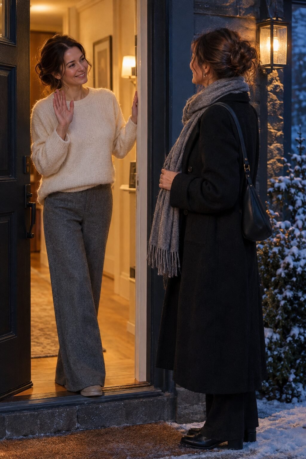 host saying a slow goodbye at the front door to departing guests on a winter night