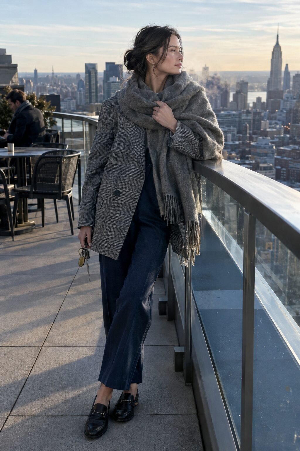 winter office outfit: oversized glen plaid blazer, blue tailored trousers, and cashmere wrap