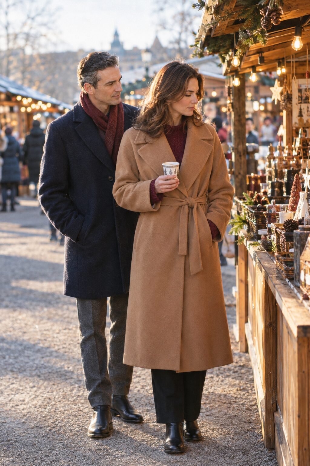 old money couple outfit for a Christmas market: vicuna camel hair wrap coat, burgundy sweater and black wool trousers
