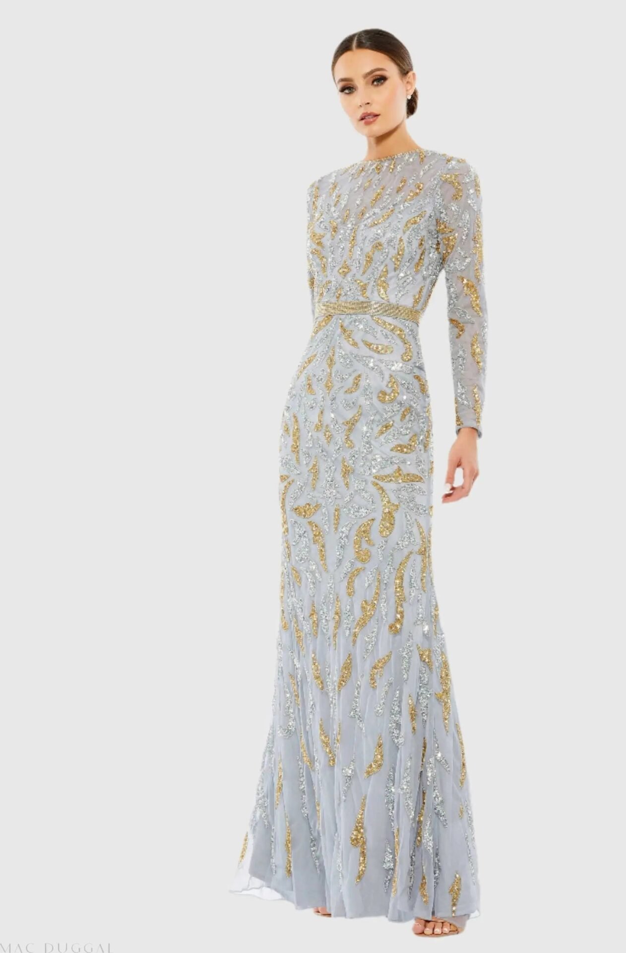 Long Sleeve Beaded Evening Gown (Platinum Gold)