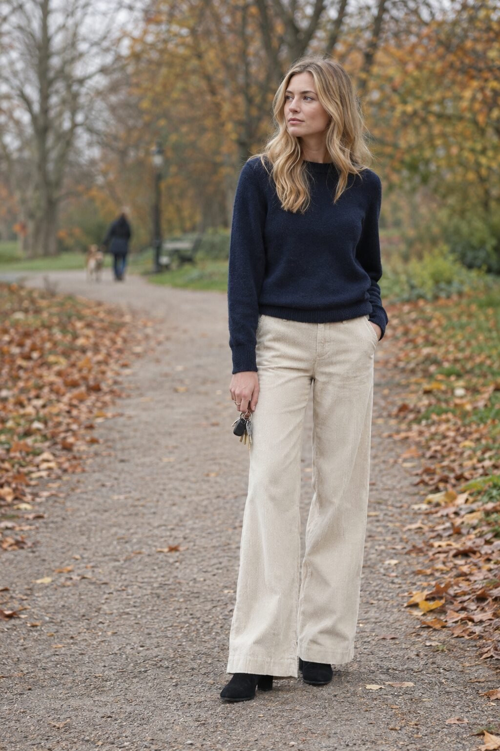old money fall outfit: cream wide-wale corduroy pants with black suede heeled ankle boots