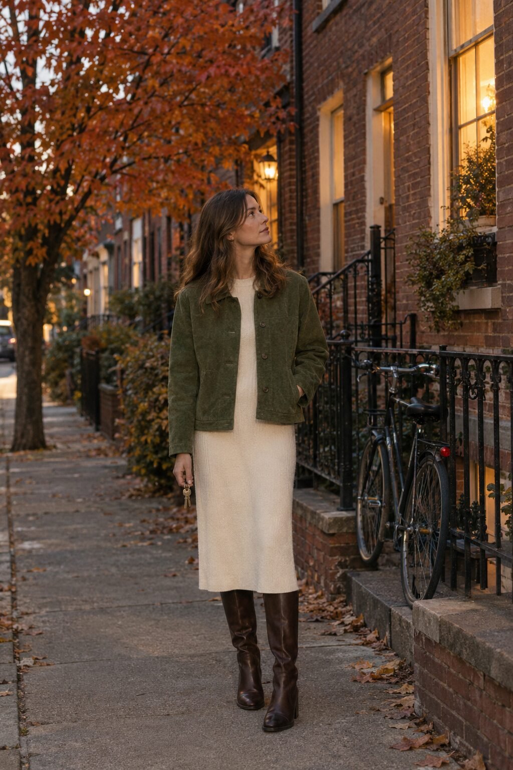 fall layering outfit: willow green suede chore jacket with dark brown knee-high boots