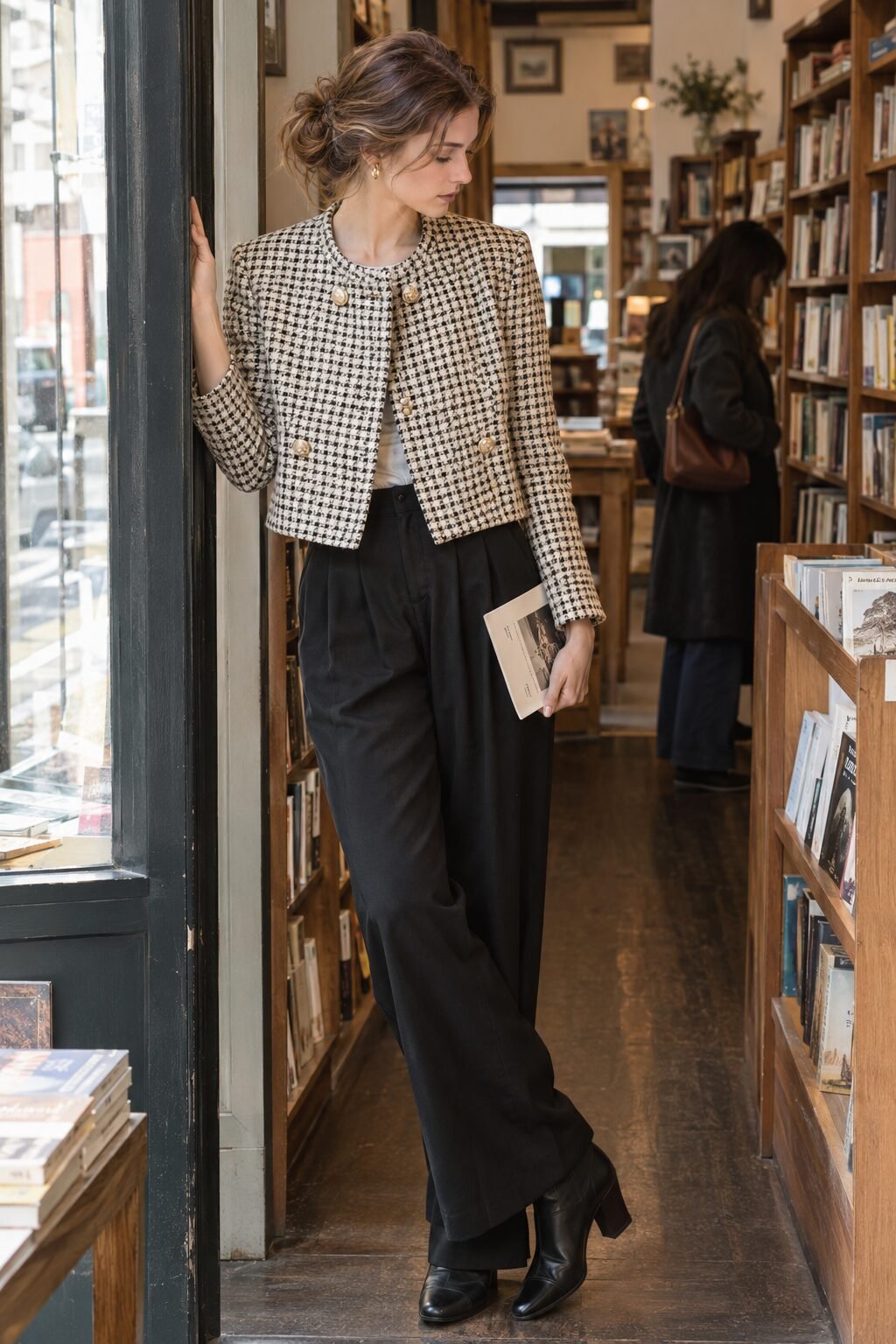 fall outfit with ankle boots: houndstooth tweed jacket and pleated trousers
