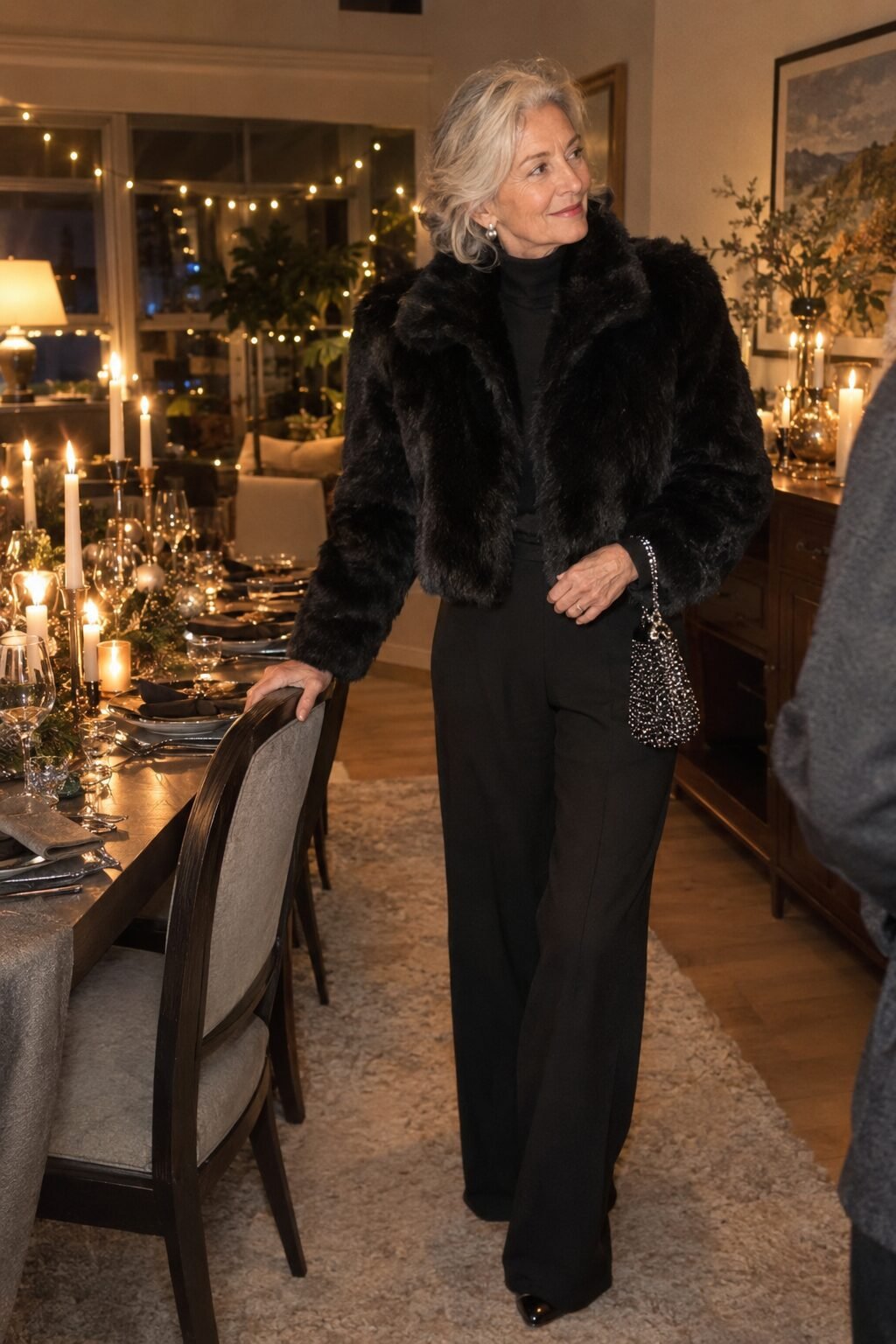 festive New Year's Eve outfit for a woman in her 70s: black cropped faux fur jacket over a black cashmere turtleneck and wide-leg trousers