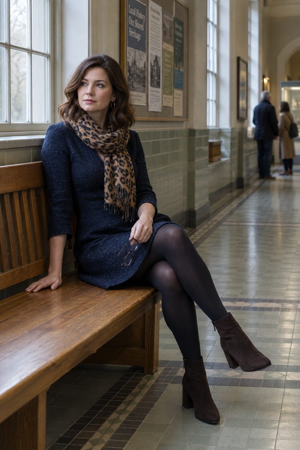 old money dress outfit: navy tweed a-line dress with brown suede ankle boots and a camel leopard cashmere scarf