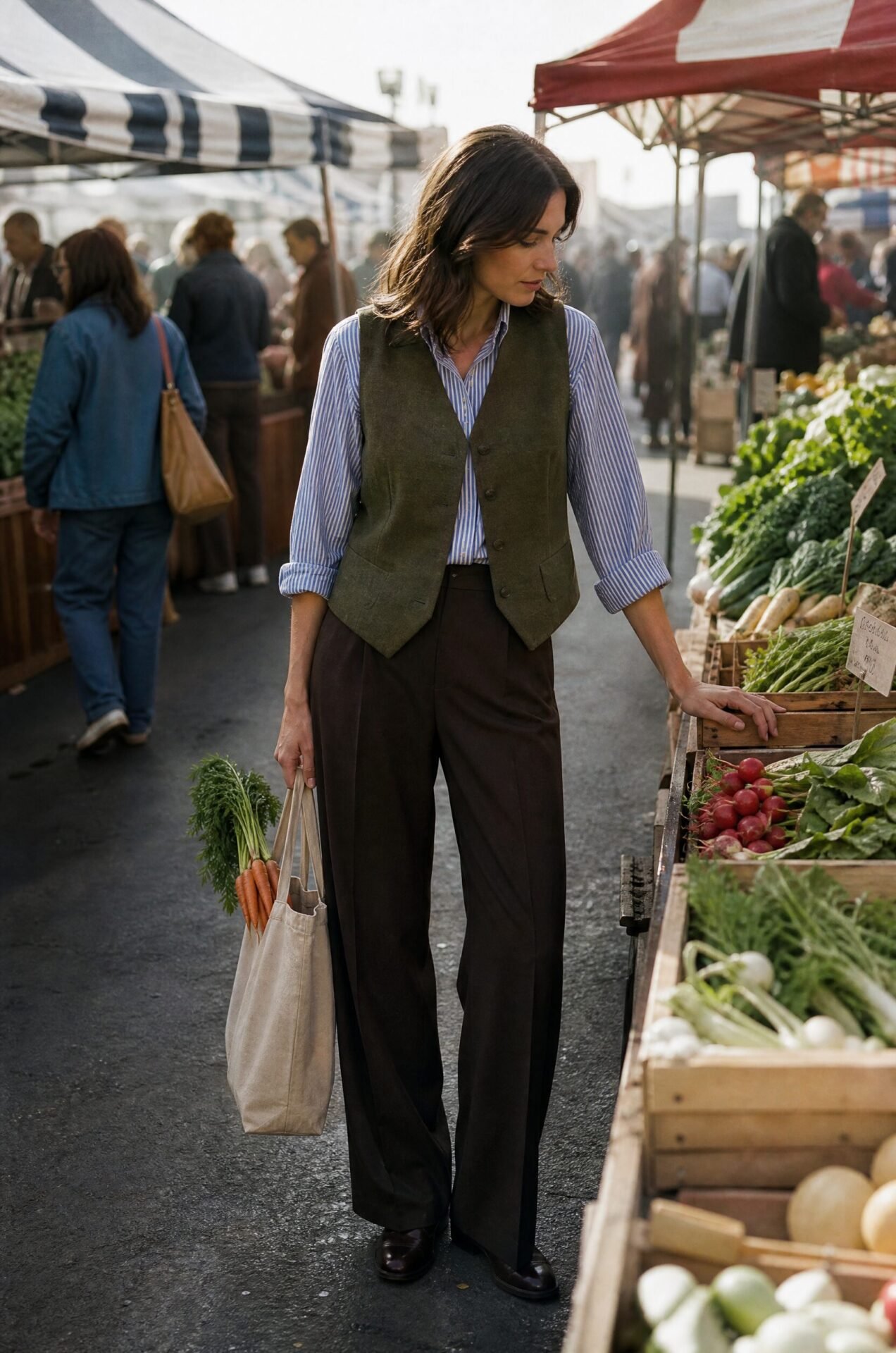 farmers market dark academia outfit: olive linen vest, blue and white striped cotton oxford shirt, and ganache brown wool trousers