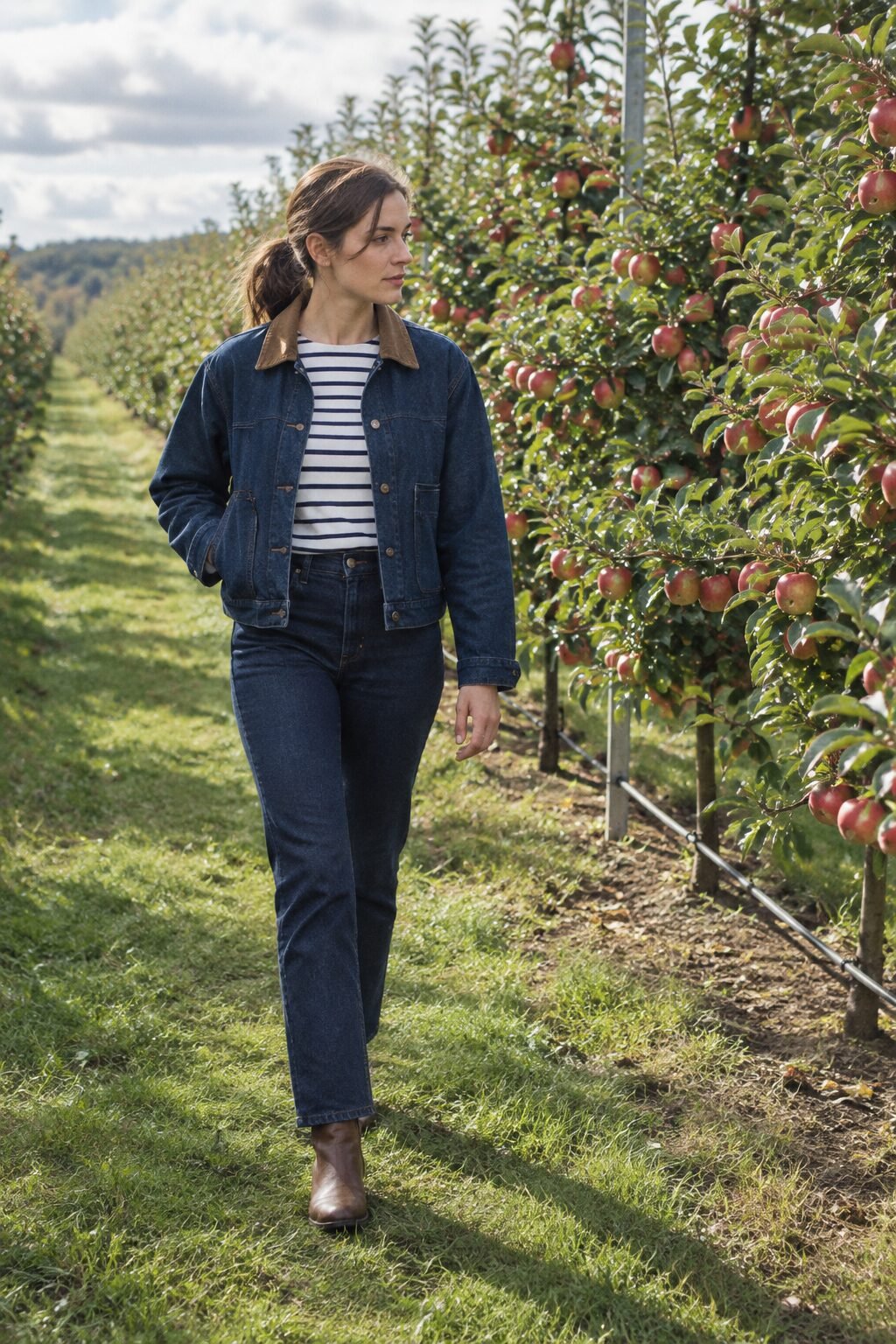 classic Americana apple picking outfit: dark denim barn jacket, striped tee and midnight blue straight jeans