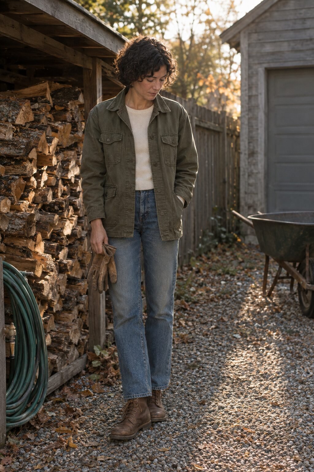 woman in an aged olive utility shirt-jacket and faded vintage straight jeans at a backyard fire pit