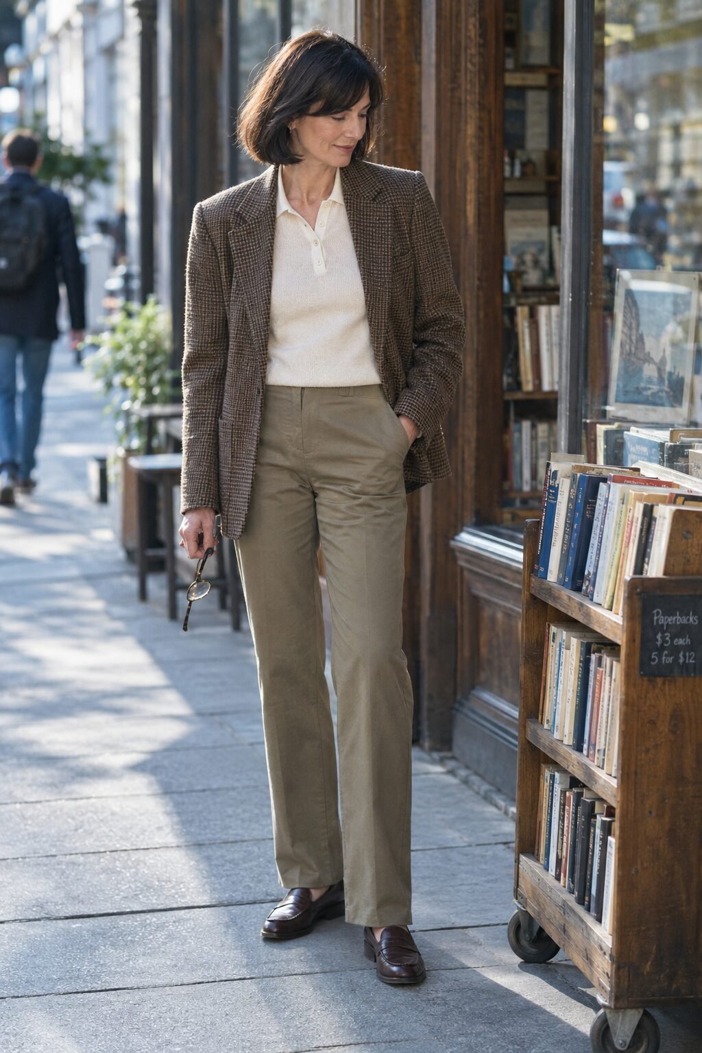 coastal grandmother fall outfit: brown houndstooth blazer, bone open-collar polo and khaki straight-leg trousers