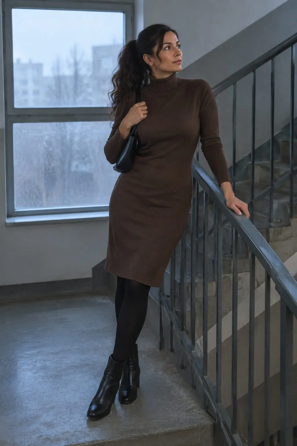 wrinkle free outfit for a weeknight dinner: coffee brown stretch jersey turtleneck dress with black leather ankle boots
