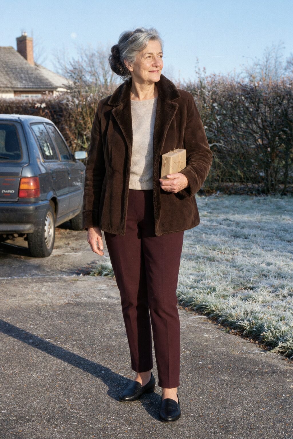 Christmas morning church outfit for women in their 70s: chocolate brown velvet-trim jacket with black cherry ponte pants