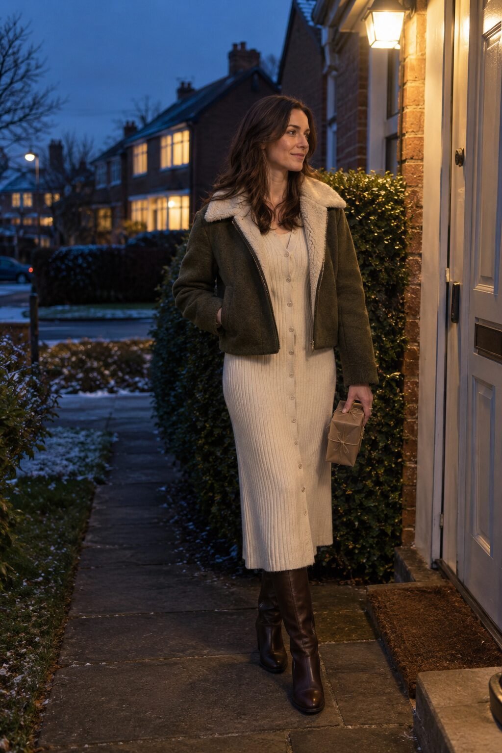 winter white old money outfit: ivory ribbed button-front sweater dress with a cropped olive jacket with cream shearling collar and chocolate knee-high boots