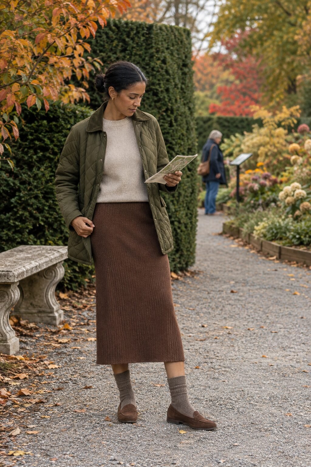 old money countryside fall outfit: heather natural cashmere sweater and teak brown midi skirt in a botanical garden