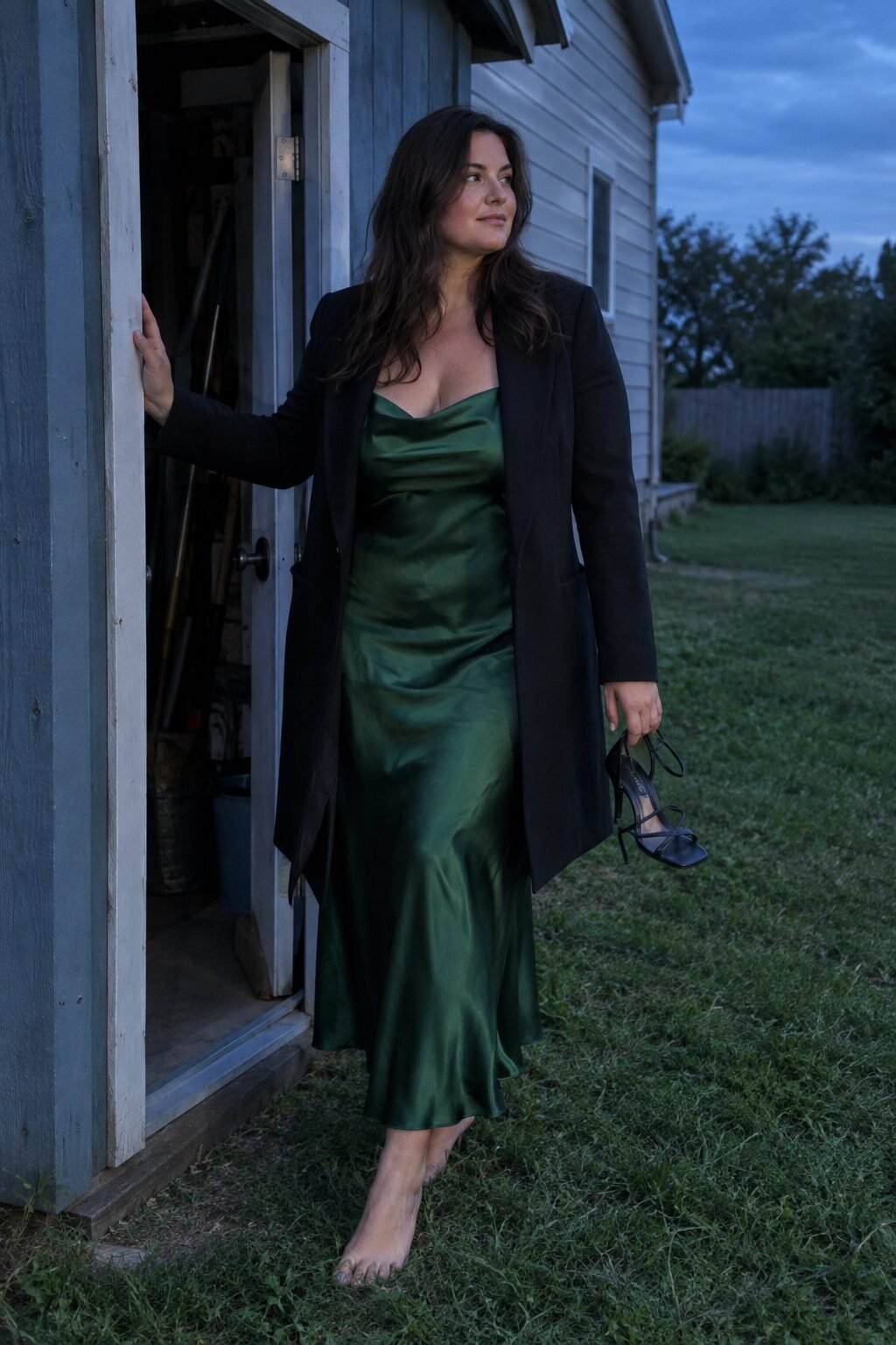 plus size halloween party outfit: forest green silk slip dress with a long open black blazer