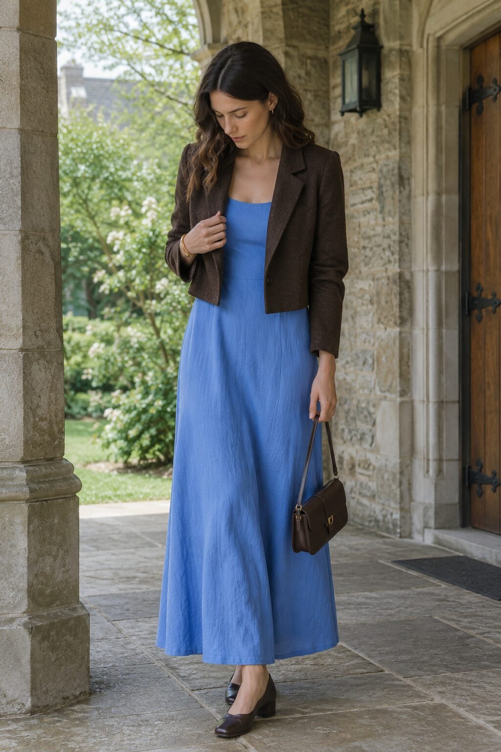 wedding guest outfit with gold bracelet: cornflower blue maxi dress and deep brown cropped blazer for a spring church wedding