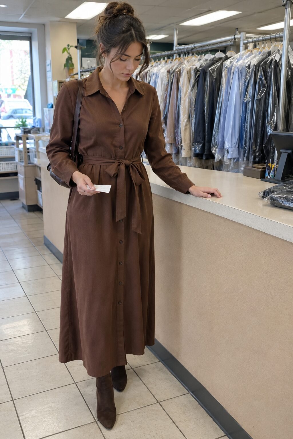 affordable fall outfit that looks expensive: warm brown belted long-sleeve midi shirt dress with dark brown heeled ankle boots