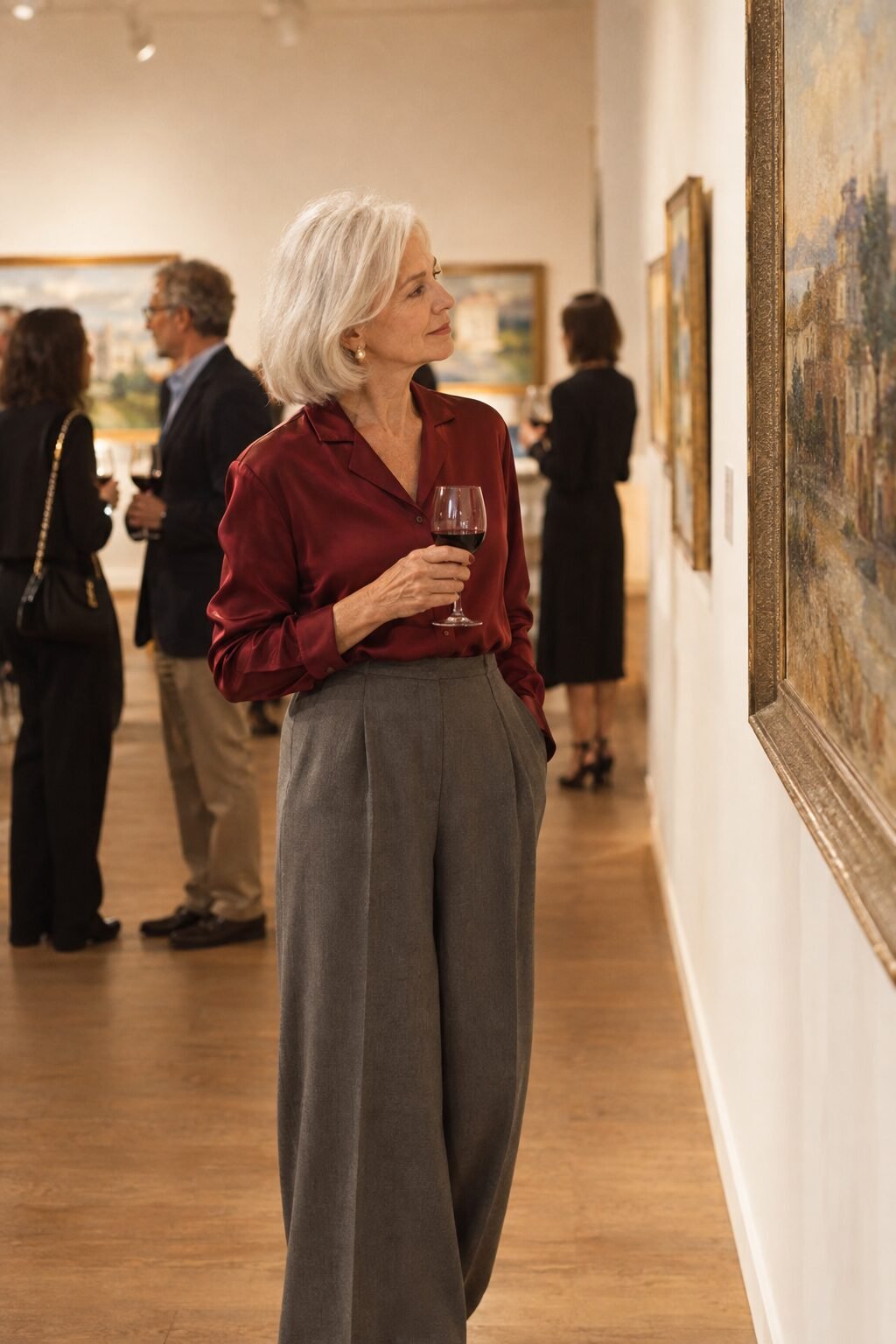 ageless style outfit: wine red silk blouse with a monument grey wide-leg crepe trouser