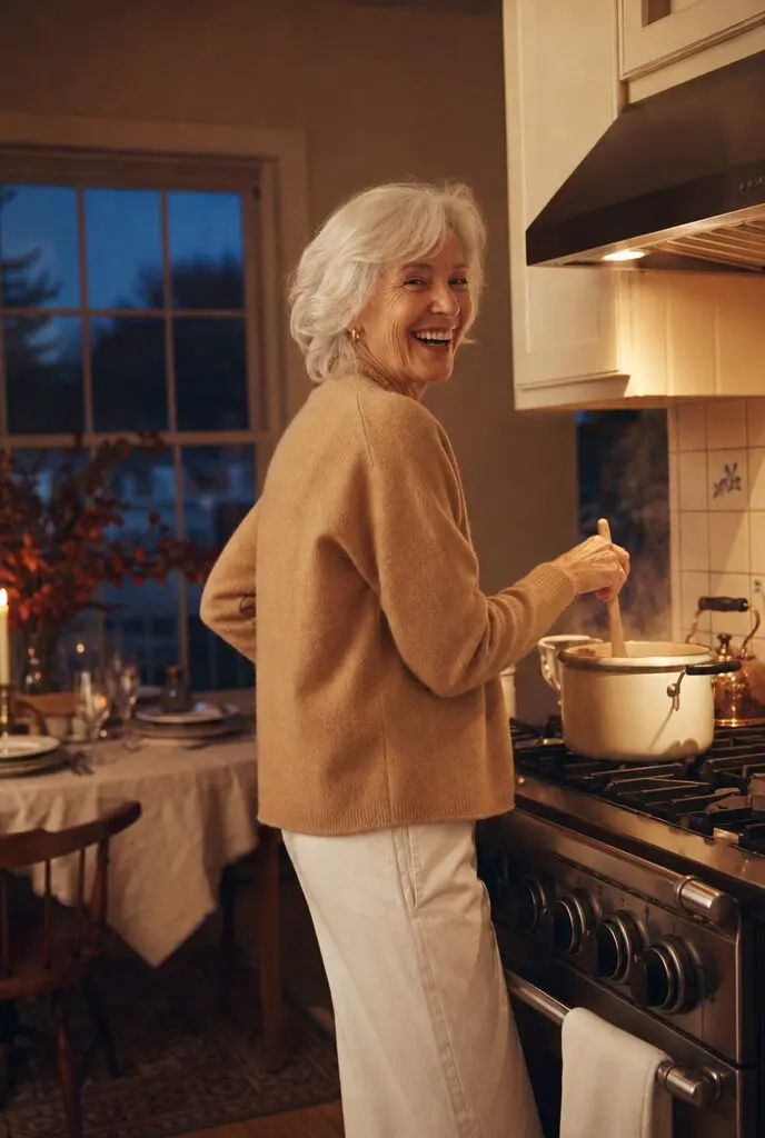 fall hosting outfit for women in their 70s: wheat cashmere cardigan and white straight-leg trousers