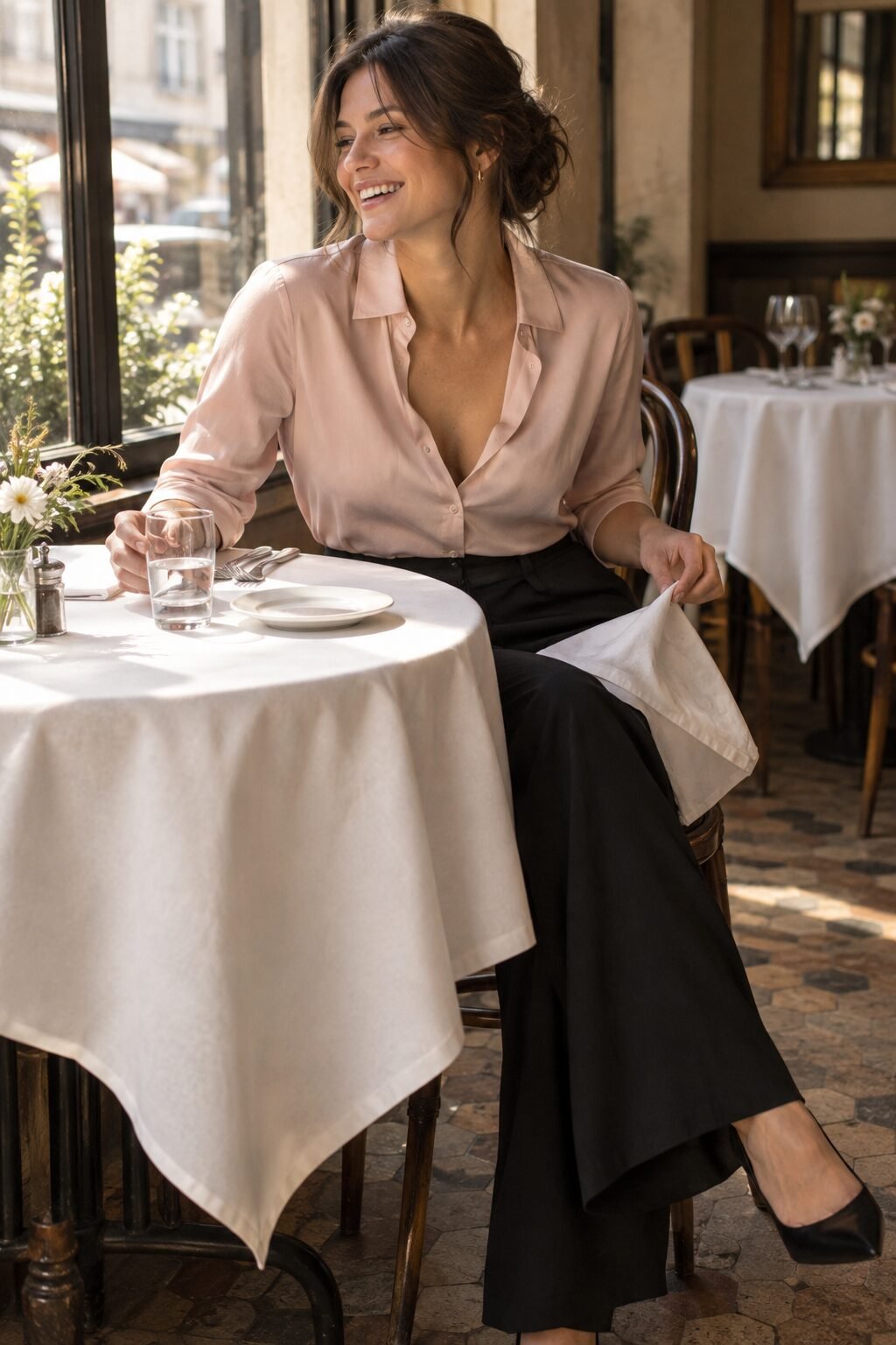 one-on-one lunch outfit for meeting his mom: blush silk blouse tucked into black wide-leg trousers