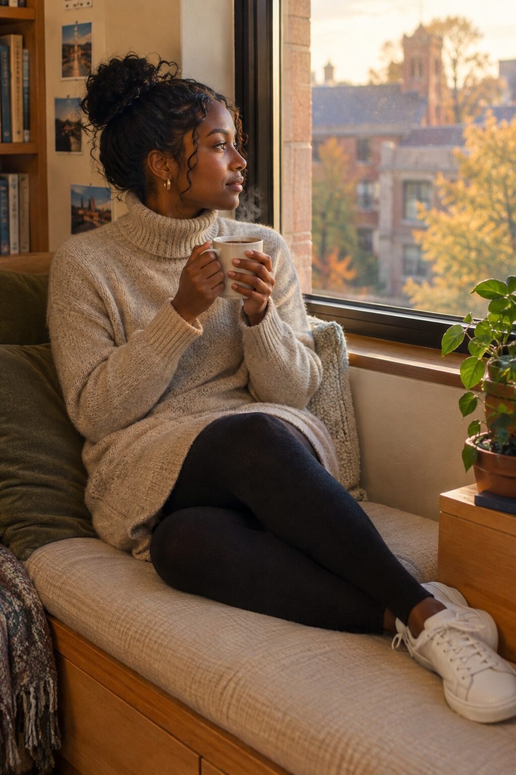 one-piece college outfit: oatmeal cashmere turtleneck sweater dress with black leggings and white sneakers