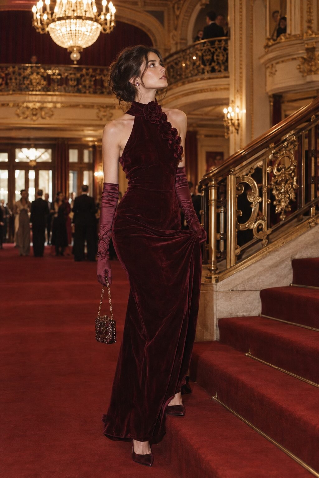 opera-inspired Halloween outfit: burgundy high neck velvet column gown with burgundy satin opera gloves