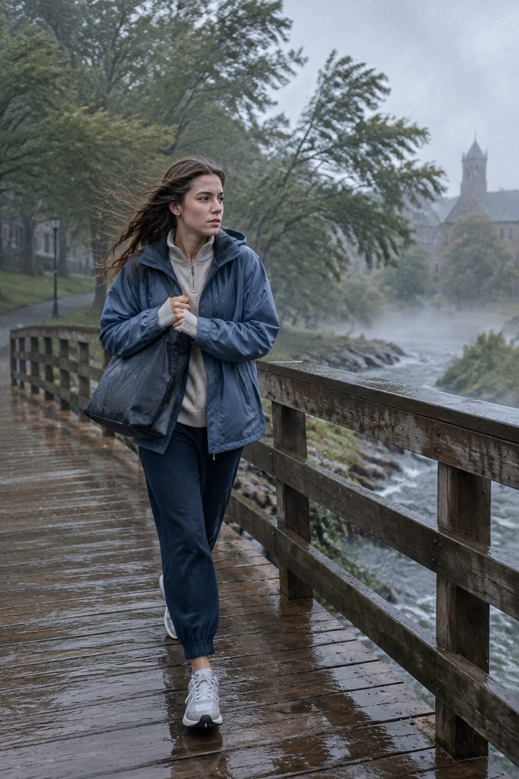 rainy fall college outfit: slate blue rain jacket with an oatmeal half-zip sweater and navy joggers