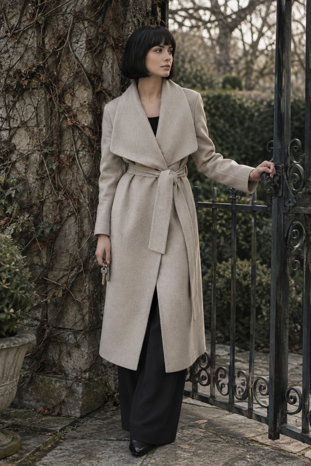 quiet luxury office outfit: oat wrap coat over black wide-leg trousers for european winter