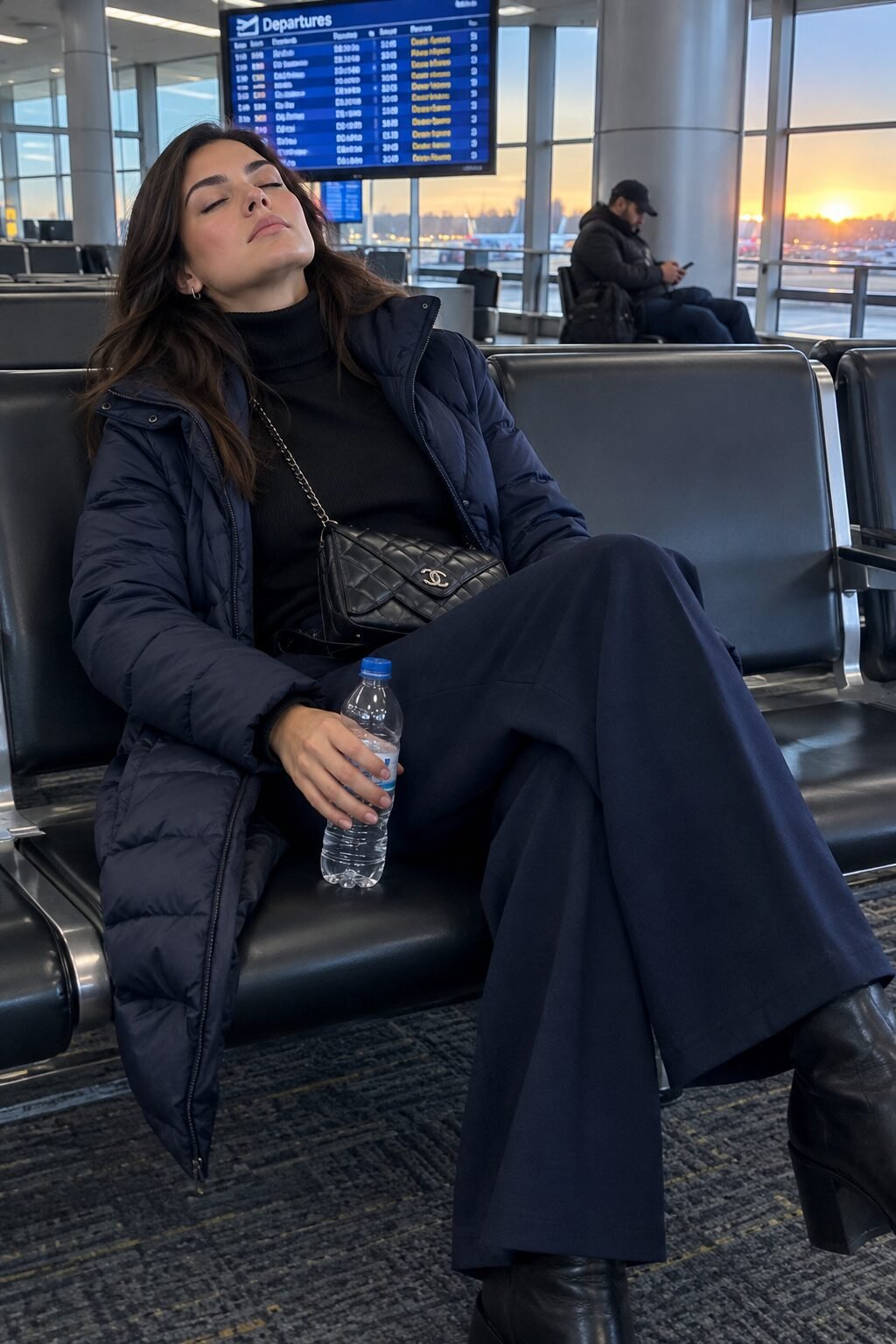 quiet luxury winter travel outfit: black turtleneck, navy trousers, and navy quilted puffer jacket