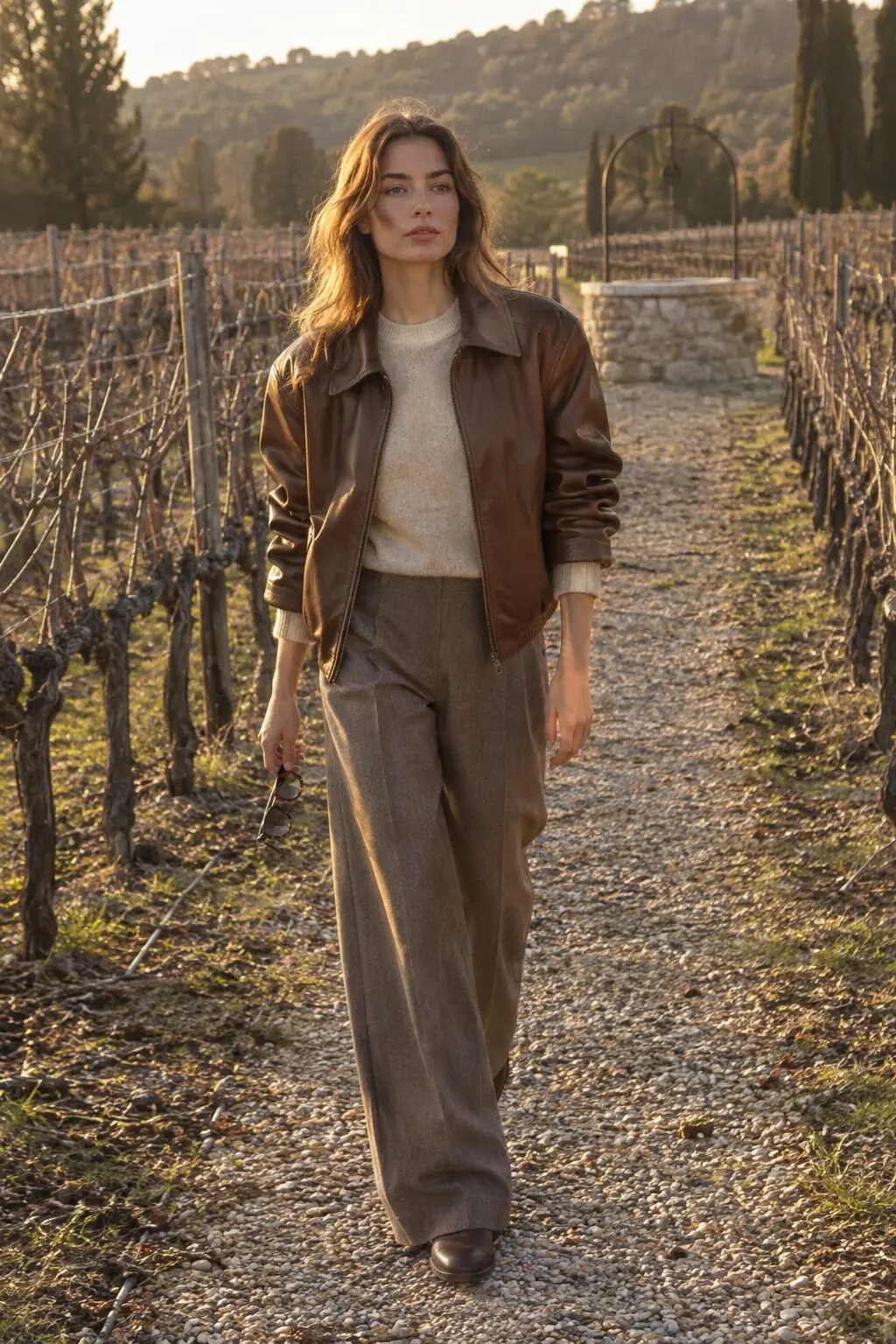 old money winter jacket outfit: oversized rich brown leather bomber jacket over an oat cashmere sweater and camel wide-leg trousers