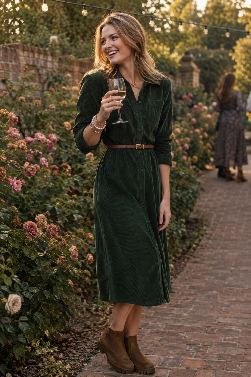 old money garden party outfit with a forest green corduroy shirtdress, suede loafer boots, and a pearl bracelet