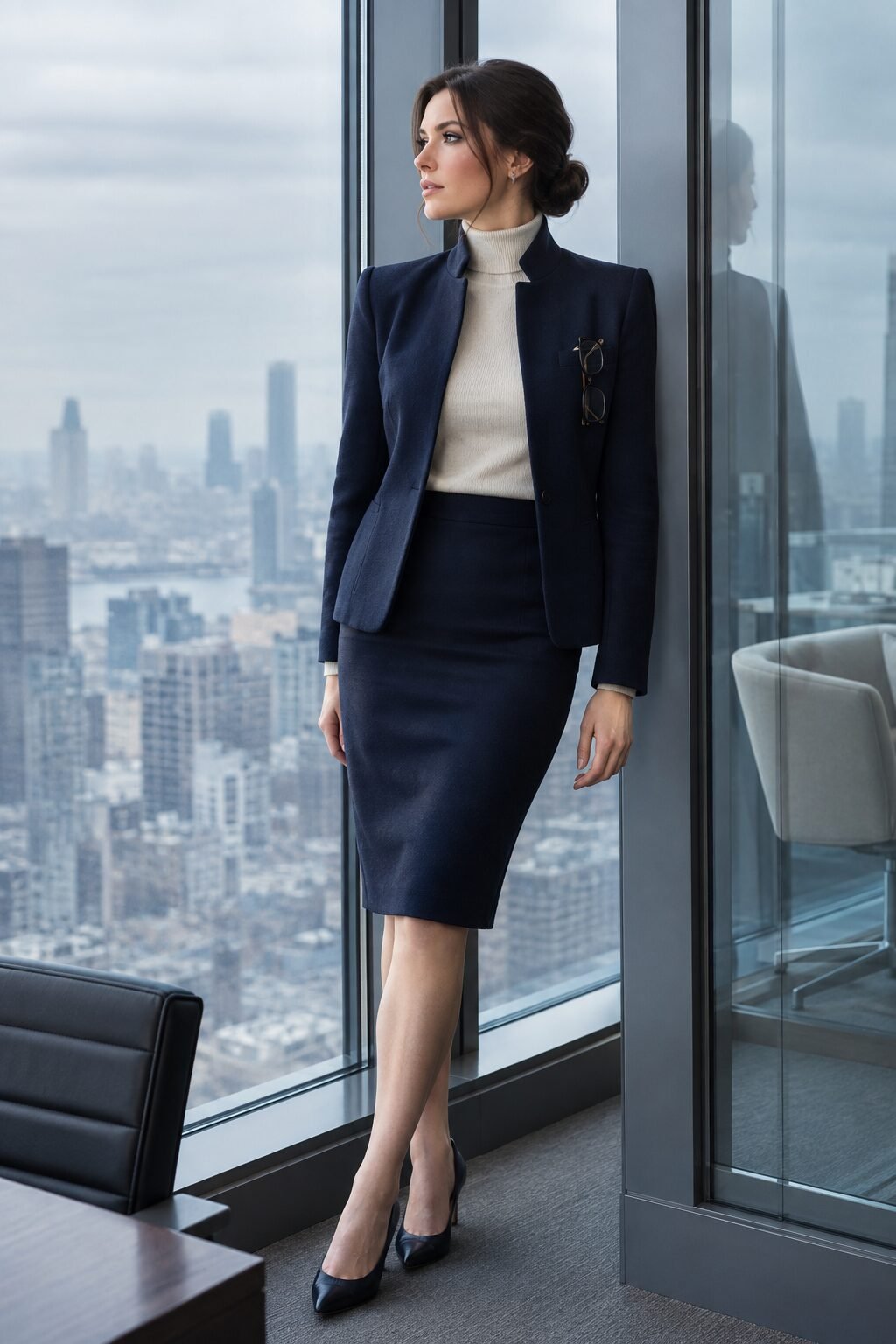 navy and cream turtleneck outfit for women with pencil skirt and structured blazer for the office
