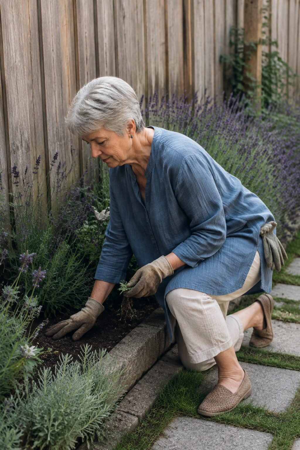 faded denim-blue cotton gauze tunic with natural linen cropped pant, comfortable summer gardening outfit for women over 70