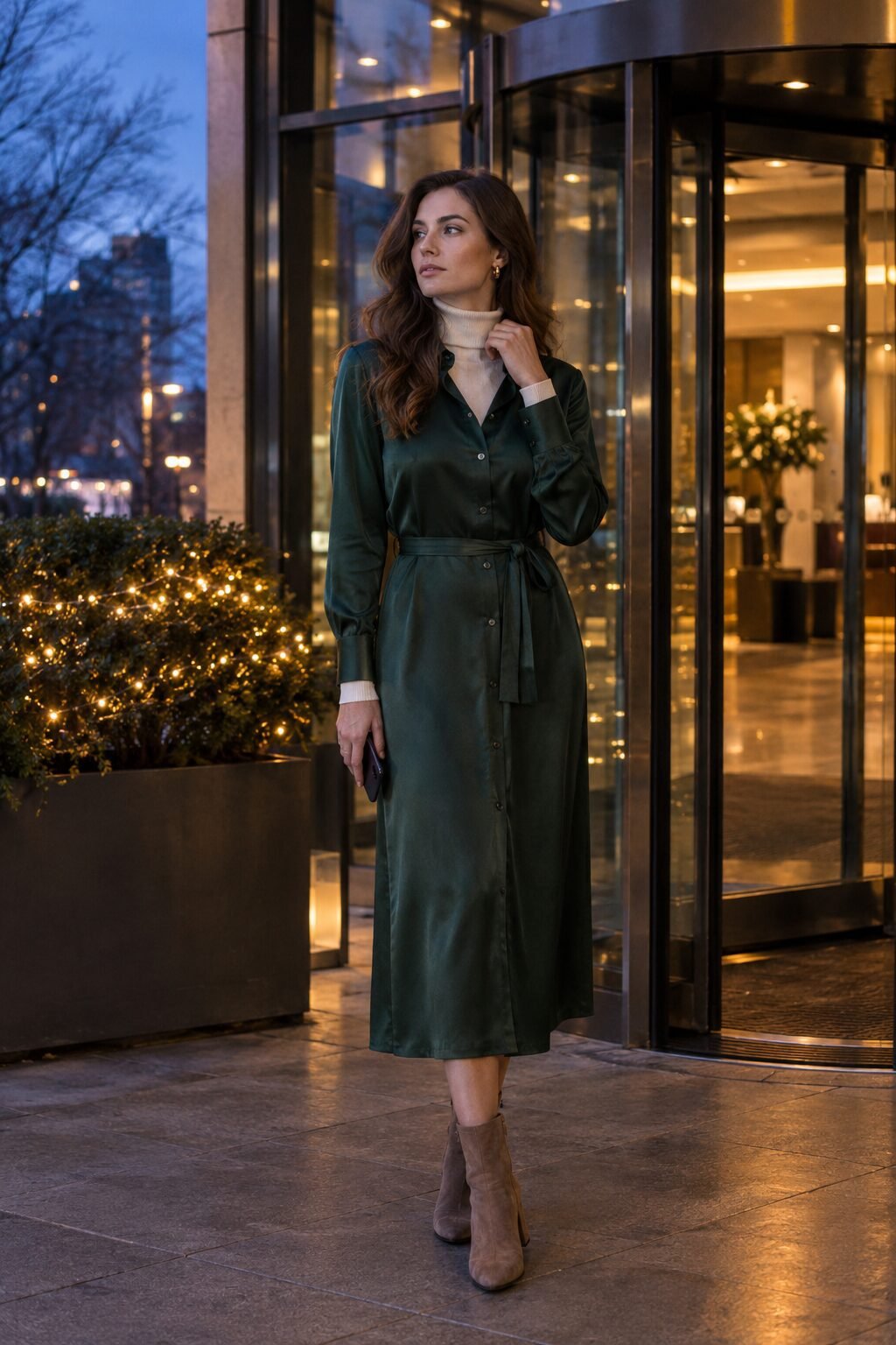 how to style a corporate dress with a turtleneck layered underneath: forest green silk shirt dress layered over a cream fitted turtleneck with ankle boots