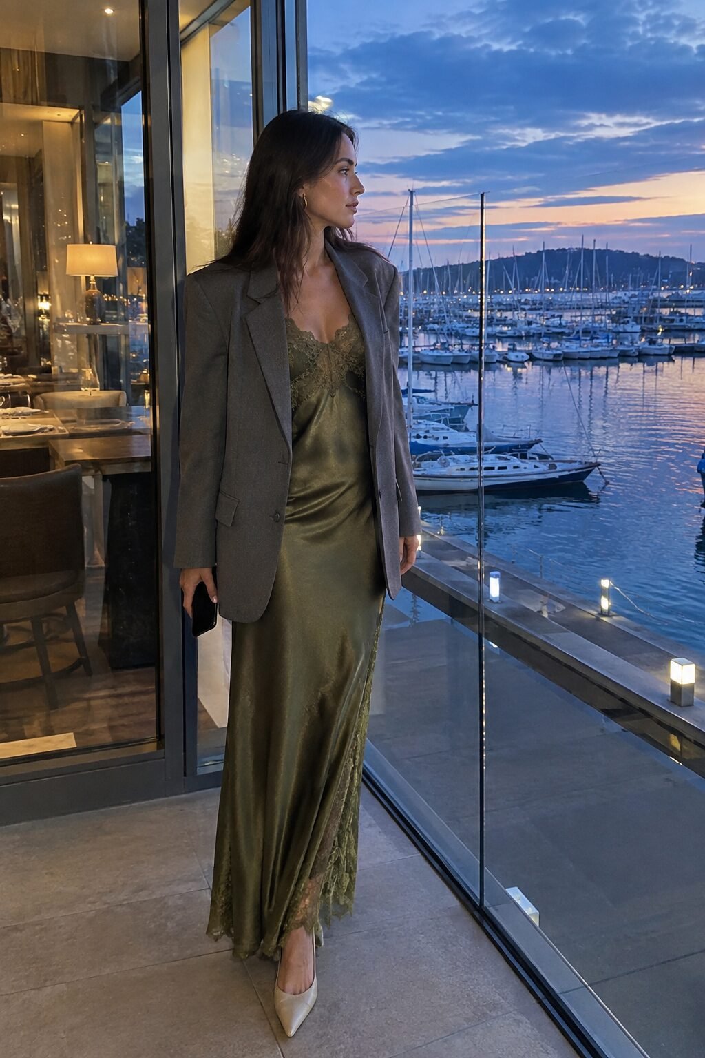 modern black-tie-optional fall wedding guest outfit: moss green silk maxi dress with oversized grey blazer