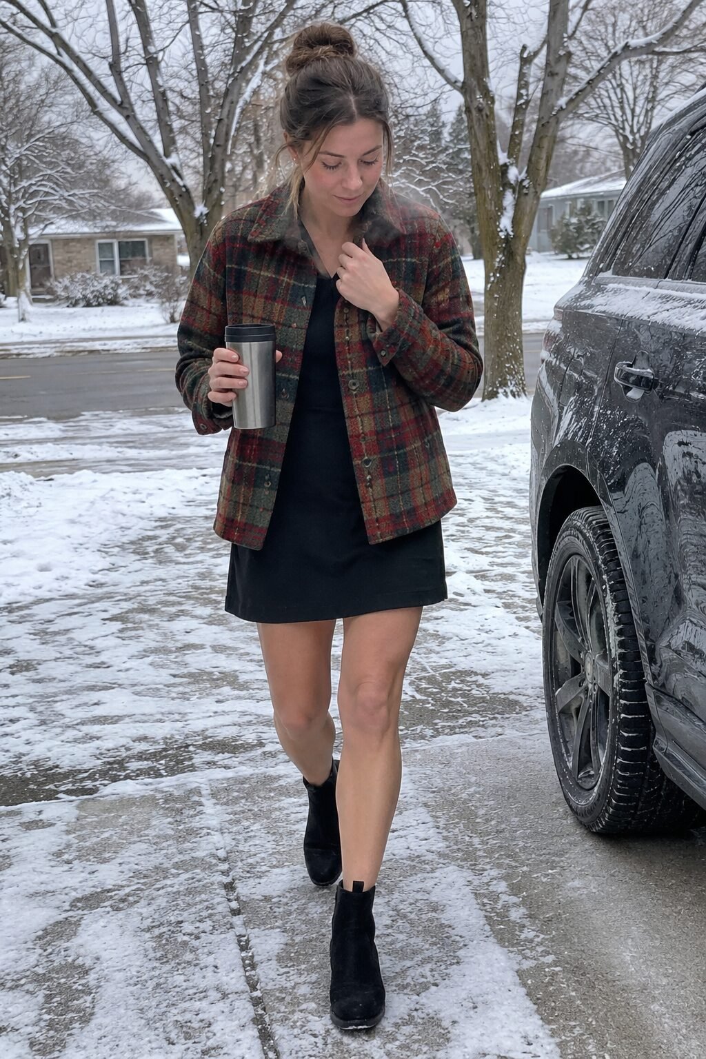 traveling between family gatherings outfit: red and green plaid barn jacket over a black linen mini shift dress with black suede boots
