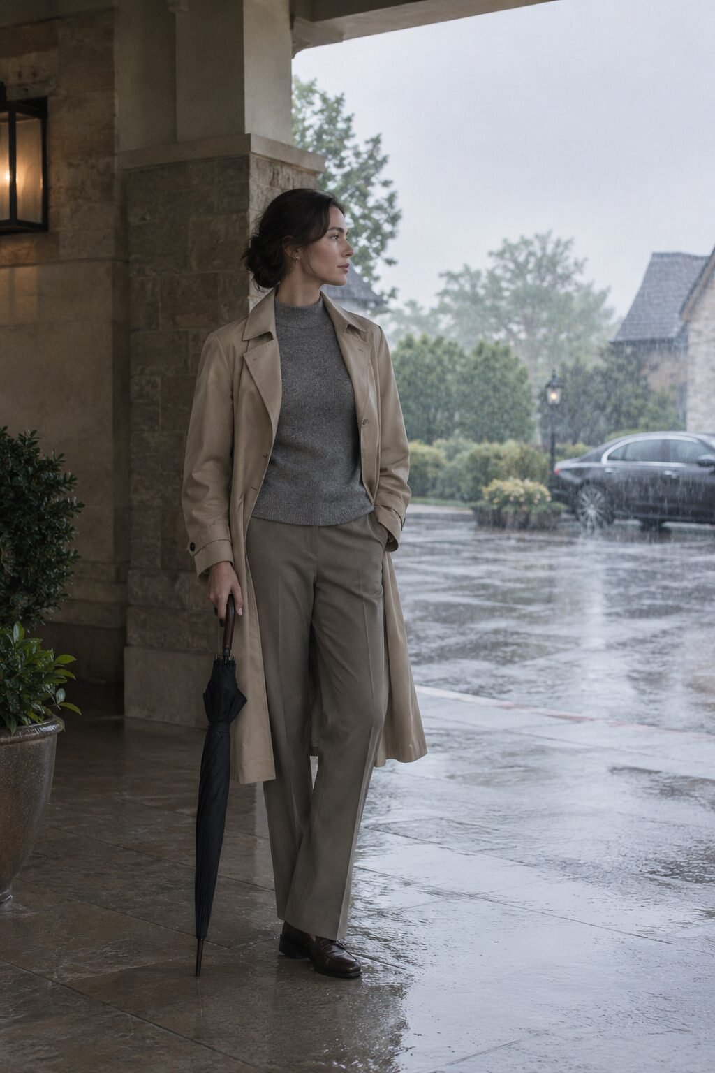 chic country club attire: heather grey cashmere vest layered under an open beech trench coat for a rainy spectator day