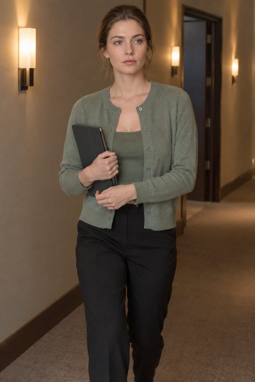 winter office outfit: sage green knit twin set and black tailored trousers