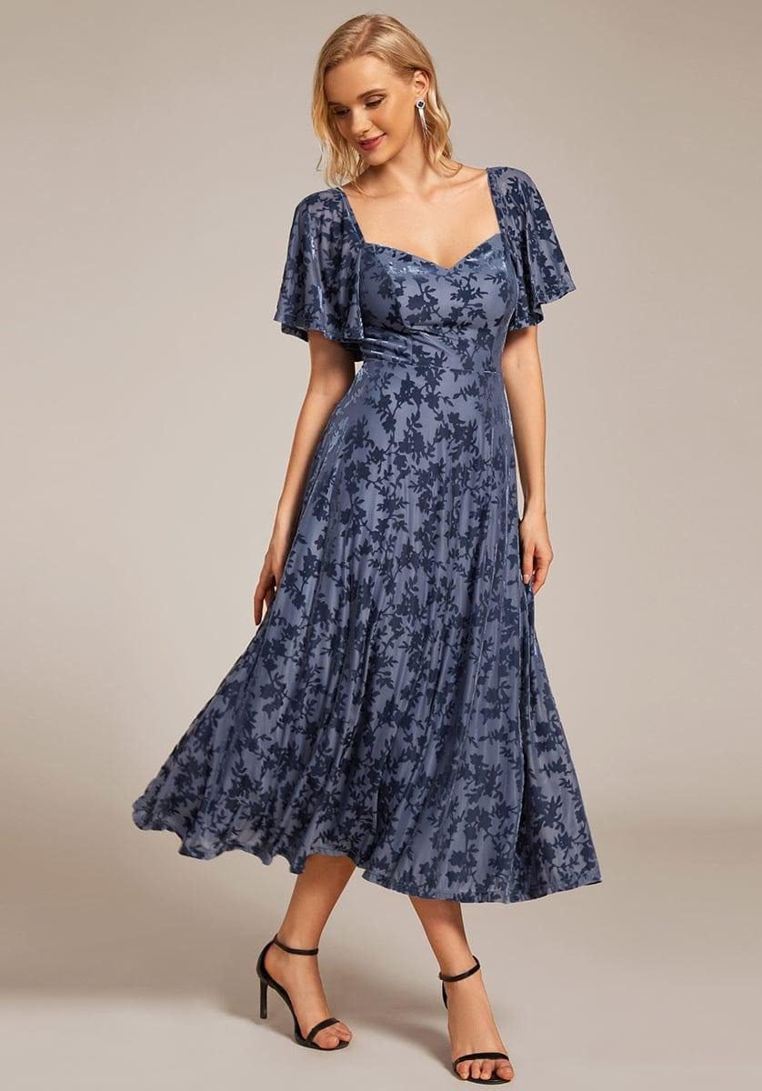 Elegant Stretchy Short Sleeve Tea Length Velvet Wedding Guest Dress