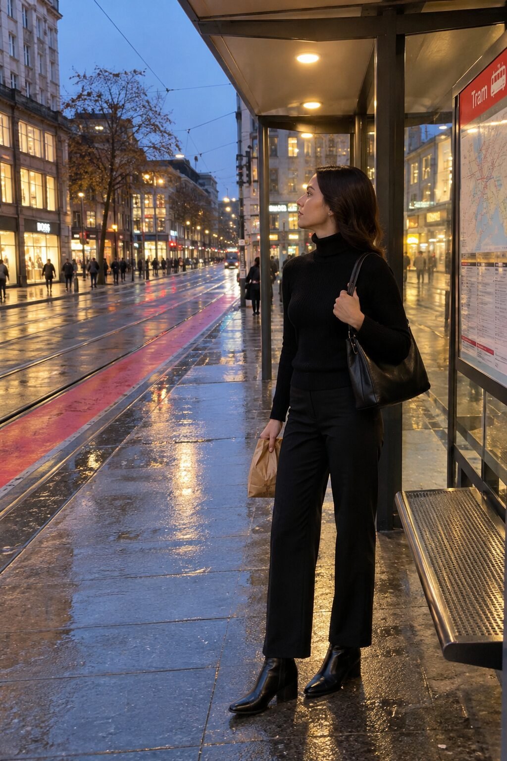 black fine-gauge turtleneck sweater with black leather block-heel ankle boots, evening travel outfit for a cool-weather city