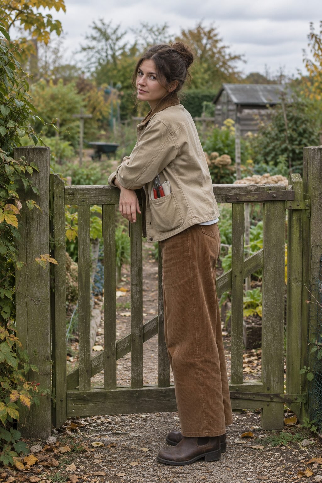 classy fall outfit with ankle boots: utility jacket and corduroy trousers