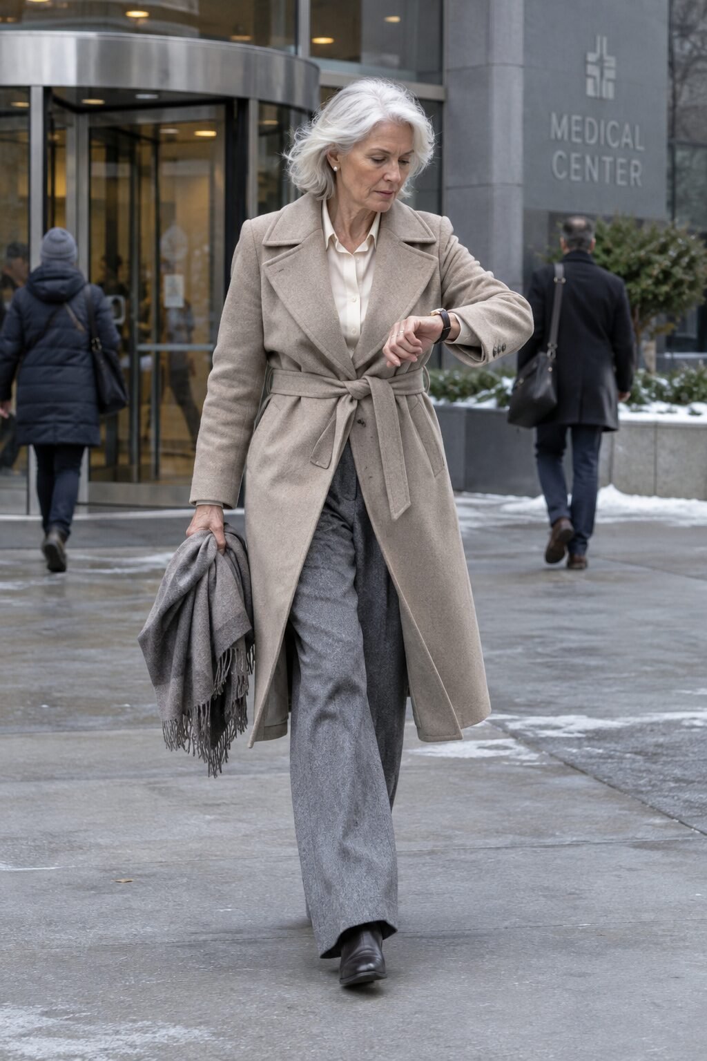 practical elegant errand-day outfit for a woman in her 70s: light khaki trench coat over an ivory silk blouse and grey wool trousers